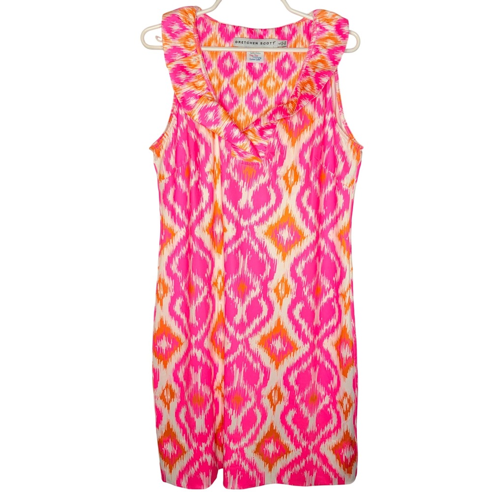 Gretchen Scott Shift Dress Large Preppy Pink Orange Ruffle V-Neck Sleeveless